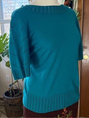 Pendleton Women's Teal Cotton Openwork Knit Short Sleeve Pullover Sweater XS